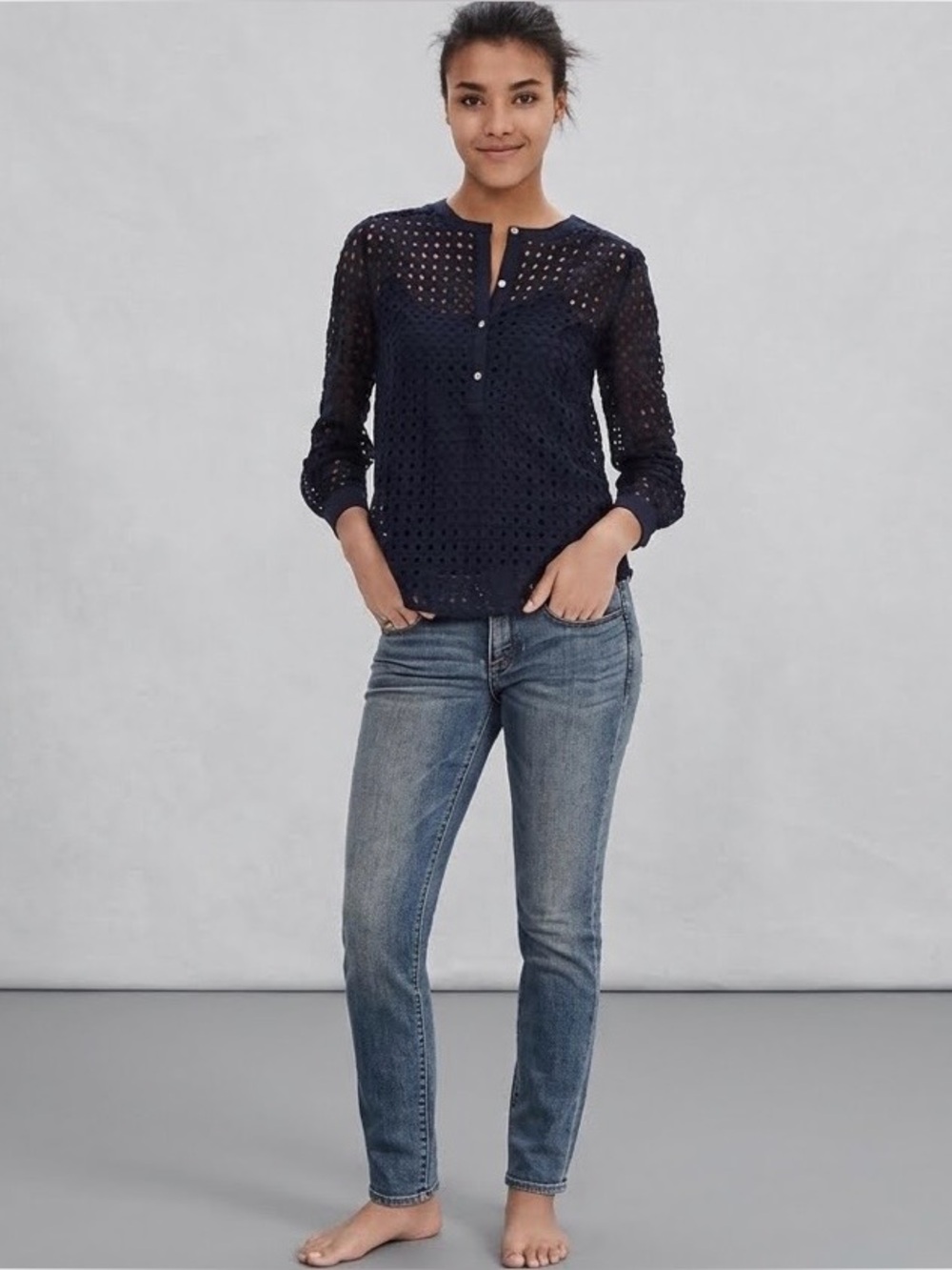 Lovely Banana Republic Geo Lace Navy Eyelet Button Henley Top